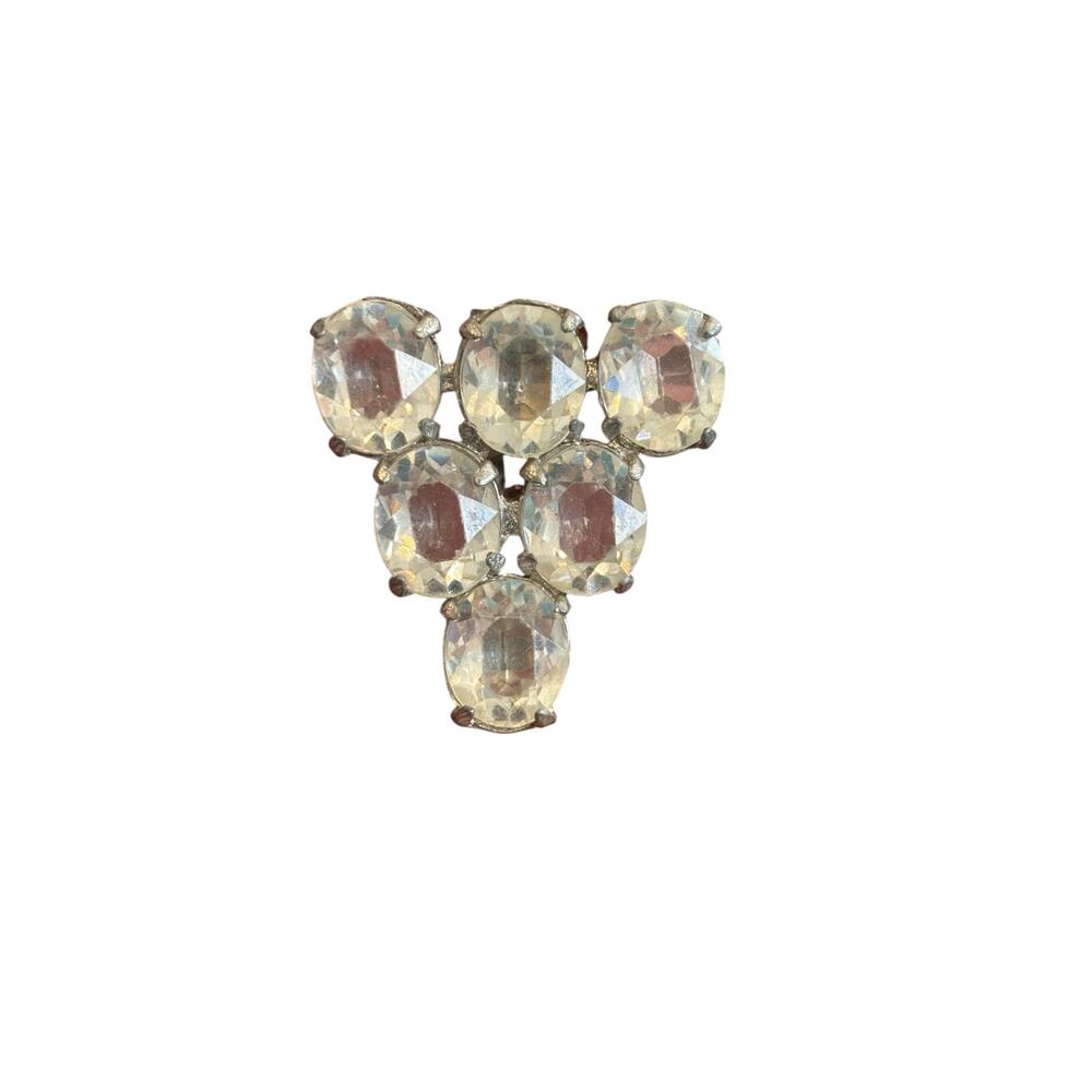 Vintage Clear Rhinestone Dress Fur Clip Large Oval Glass 1940s Statement Brooch